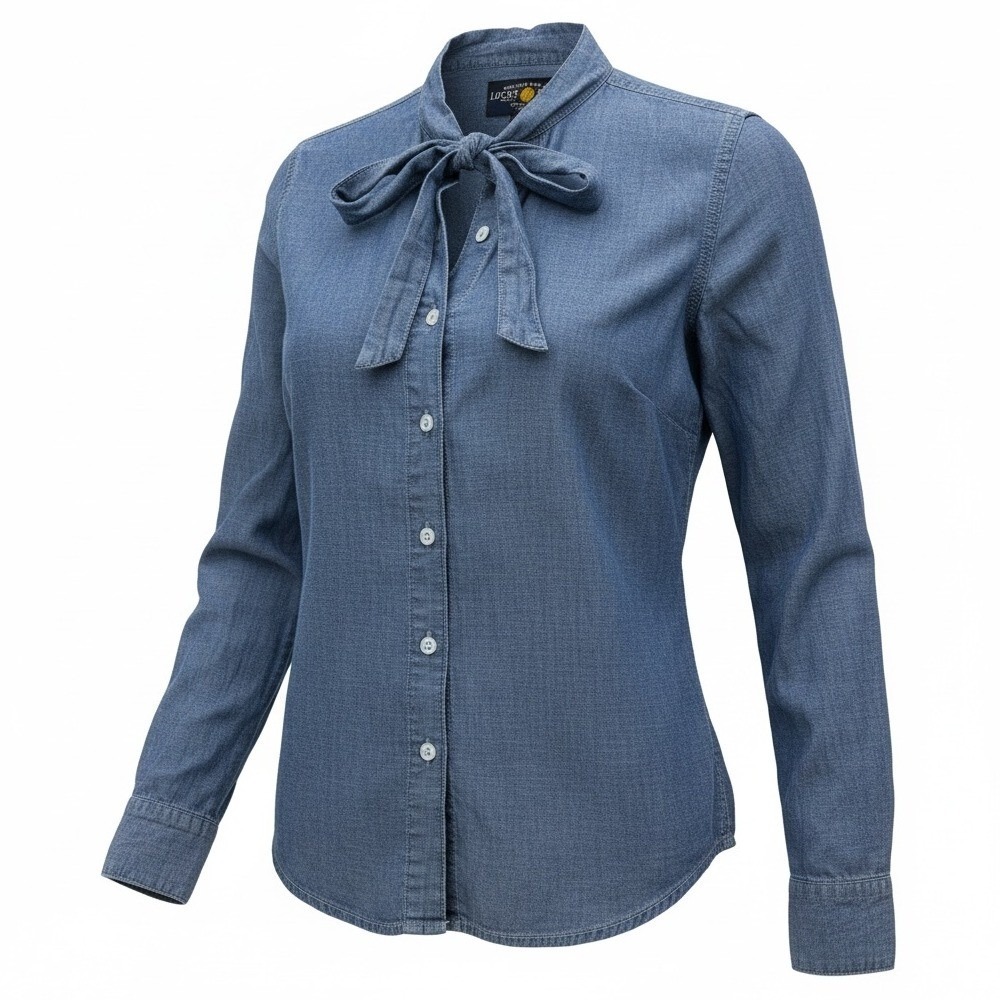 Lucky Brand Womens XS Chambray Tie Neck Button Down Shirt Blue Long Sleeve